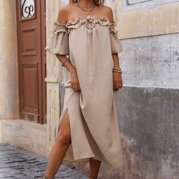 Khaki Casual Women's Off Shoulder Ruffle Trim Slit Dress - Picture 5 of 6